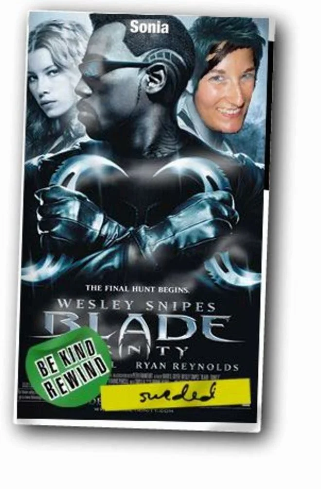 Sweded Films — Sweded Blade Trinity VHS cover with a woman's face pasted over Jessica Biel