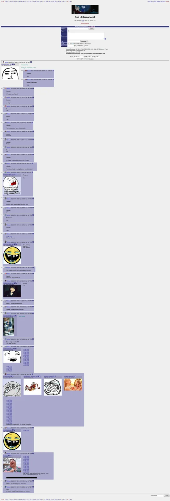 Screenshot of a long 4chan international board thread using the Sweden Yes format