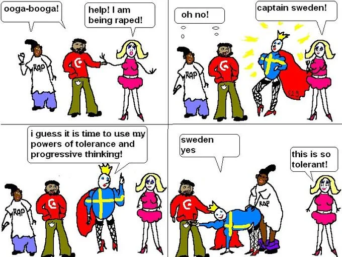 English four-panel Captain Sweden comic ending with the caption sweden yes
