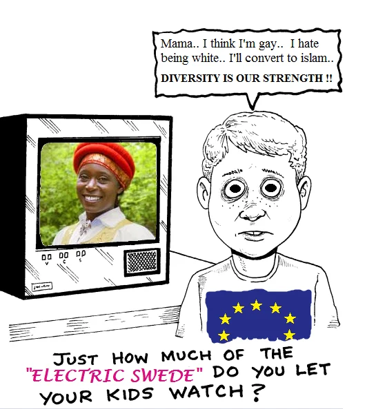 Sweden Yes — Cartoon of a child in an EU flag shirt watching TV with self-hating monologue about Swedish identity