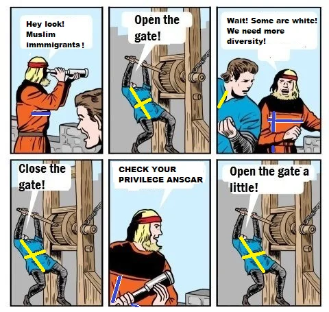 Sweden Yes — Six-panel medieval gate comic redrawn with Swedish flag characters debating immigration