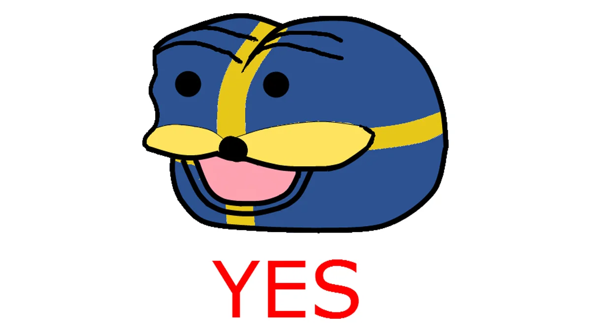 Sweden Yes — Cartoon Swedenball with propeller hat smiling above the red word YES