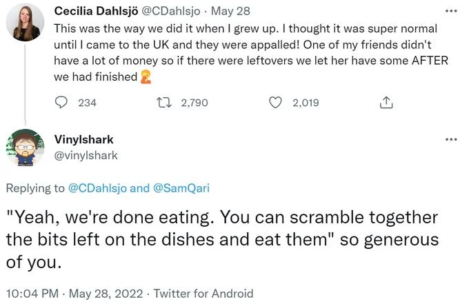 Swedish People Dont Feed Their Guests Swedengate — Twitter screenshot about Swede normalizing leftover eating after family finishes.