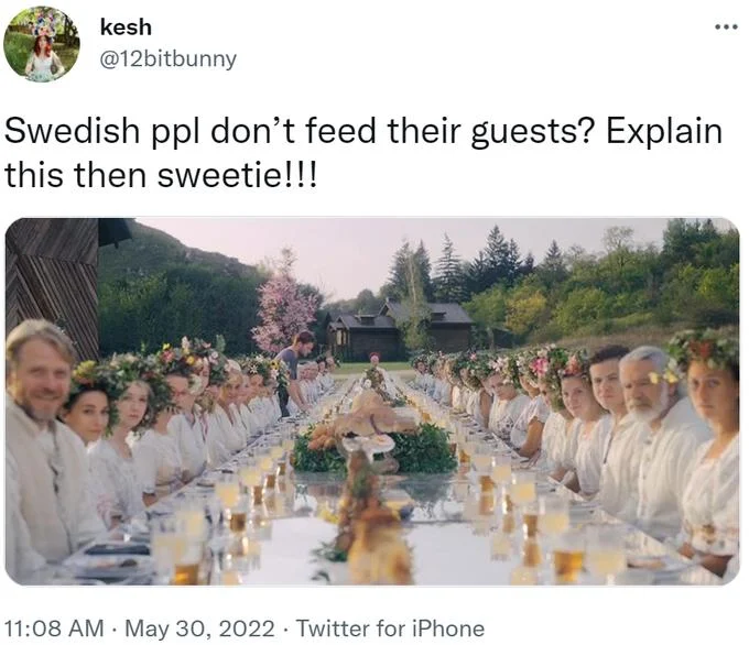 Swedish People Dont Feed Their Guests Swedengate — Tweet with Midsommar feast scene ironically disproving Swedish hospitality stereotype.