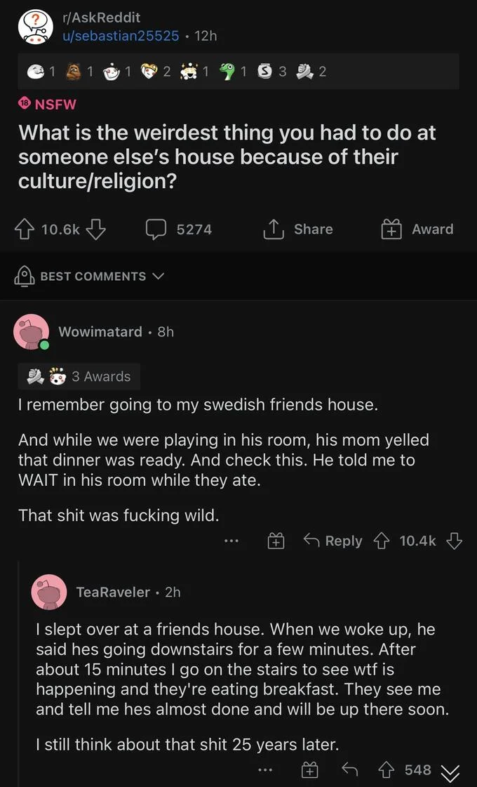 Swedish People Dont Feed Their Guests Swedengate — Reddit screenshot from r/AskReddit with comments about being excluded from Swedish family dinners.