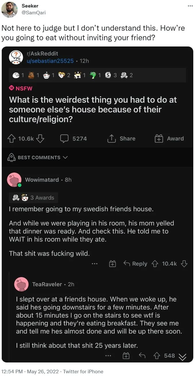 Swedish People Dont Feed Their Guests Swedengate — Twitter screenshot from @SamQari questioning Swedish dinner exclusion practice on May 26, 2022.