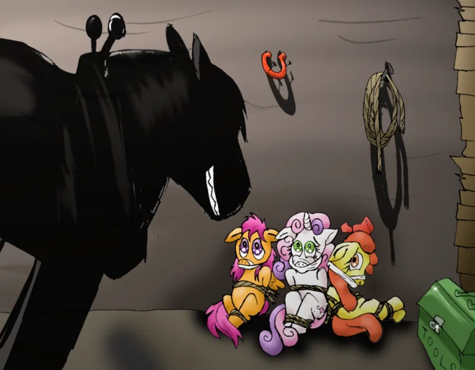 Sweet Apple Massacre (My Little Pony Fanfiction) — Silhouette of Big Macintosh looming over three bound and terrified ponies in a barn.