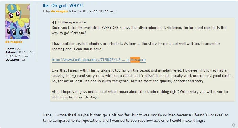 Sweet Apple Massacre (My Little Pony Fanfiction) — Forum post discussing the Sweet Apple Massacre fanfiction with a link and commentary.