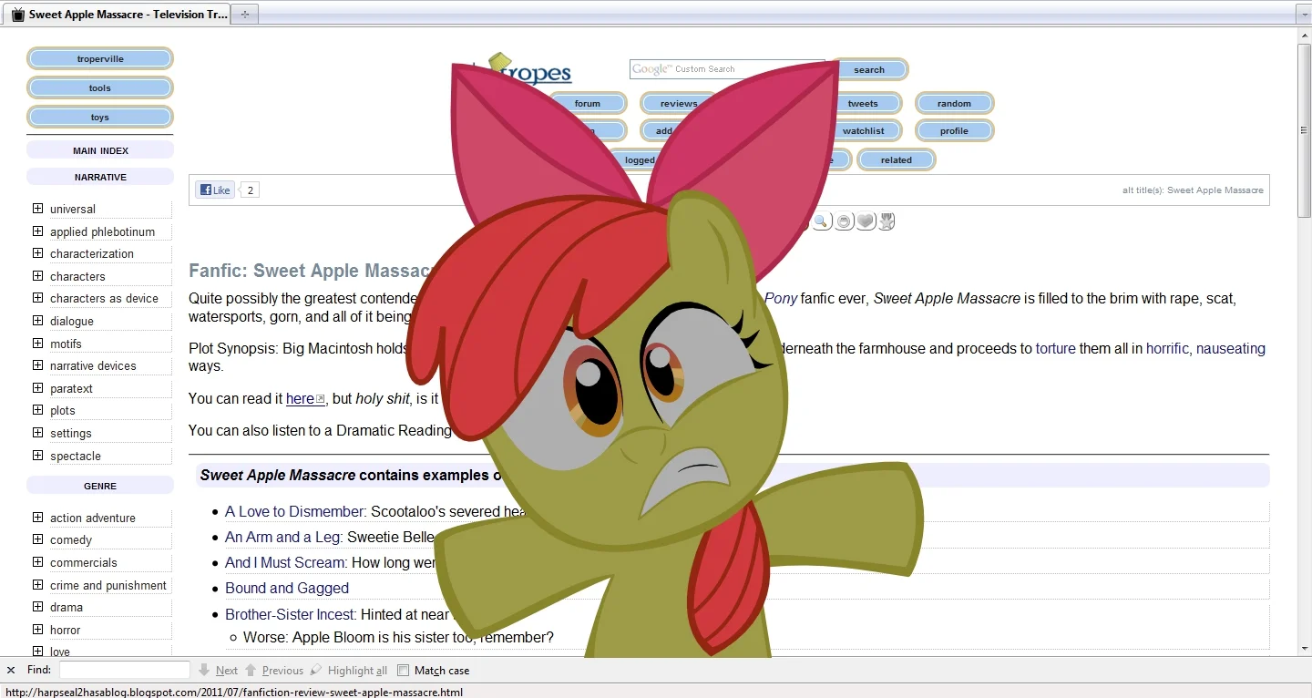 Sweet Apple Massacre (My Little Pony Fanfiction) — TV Tropes page for Sweet Apple Massacre with a shocked Apple Bloom overlay.