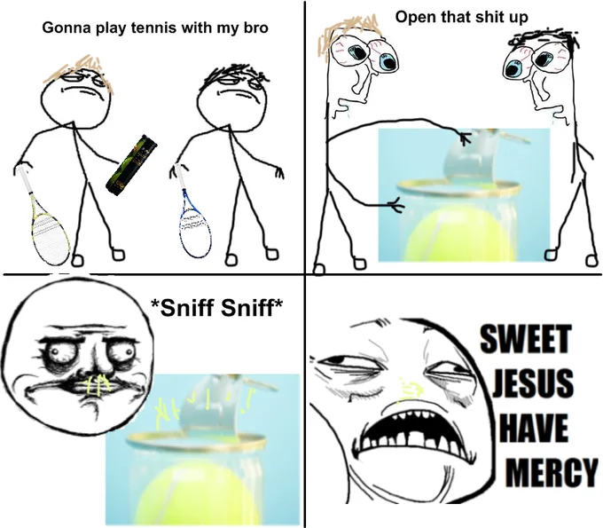 Sweet Jesus Face — Rage comic of a dog sniffing socks and reacting with the Sweet Jesus Have Mercy face.