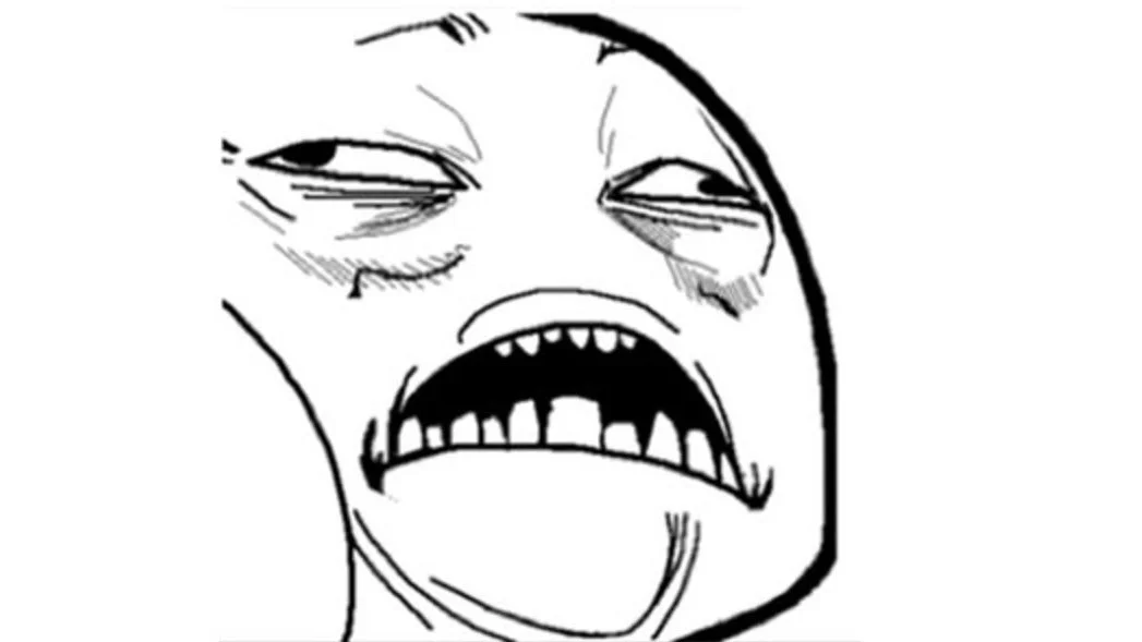 Sweet Jesus Face — Black and white Sweet Jesus rage comic face with half-closed eyes and wide toothy open mouth.
