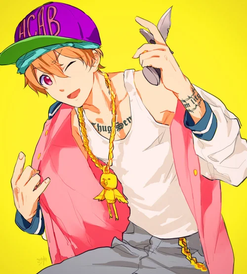 Swimming Anime — Fan-art of orange-haired anime boy dressed as a thug with cap, chains and tattoos