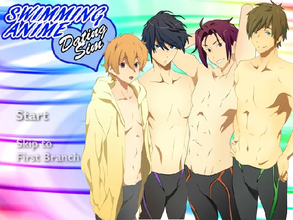 Title screen for a fan-made Swimming Anime Dating Sim game featuring four bishonen swimmers