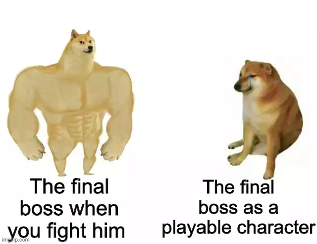 Swole Doge vs Cheems — Swole Doge represents a powerful final boss enemy, while Cheems represents that same boss as a disappointingly weak playable character.