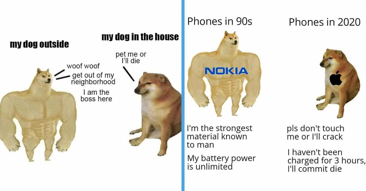 Swole Doge vs Cheems — Two-panel comparison: dogs outside versus inside, and Nokia phones versus iPhones, contrasting durability and capability across contexts.