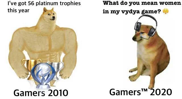 Swole Doge vs Cheems — Gaming meme contrasts 'Gamers 2010' with muscular Doge celebrating competitive achievements to 'Gamers 2020' with confused Cheems-like