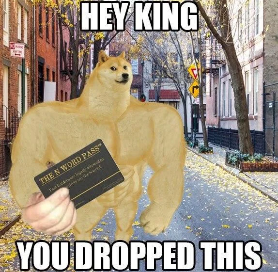 Street photograph of Swole Doge holding card with 'HEY KING YOU DROPPED THIS' captions.