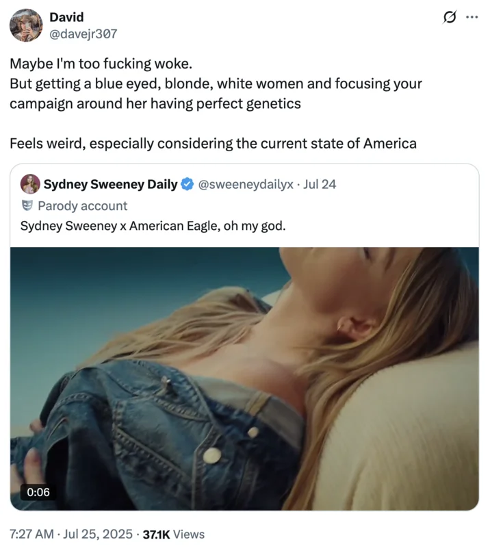 Sydney Sweeney Has Great Jeans American Eagle Ad — Twitter screenshot discussing the absurdity of genetics education in denim advertisement.