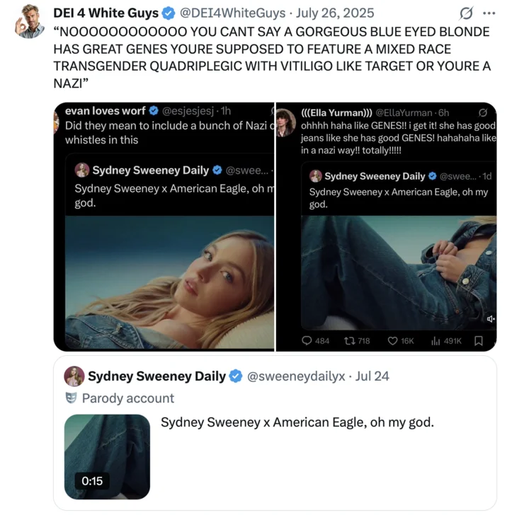 Sydney Sweeney Has Great Jeans American Eagle Ad — Composite screenshot of multiple Twitter reactions to American Eagle jeans ad controversy.