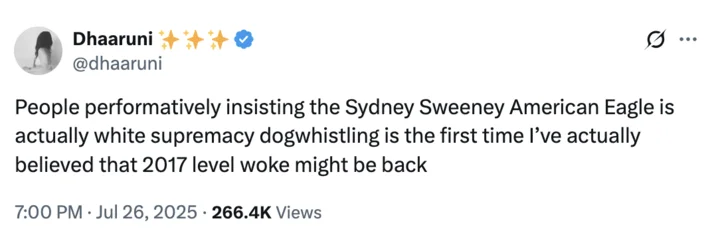 Sydney Sweeney Has Great Jeans American Eagle Ad — Tweet discussing American Eagle jeans ad connecting genetics to denim promotion.