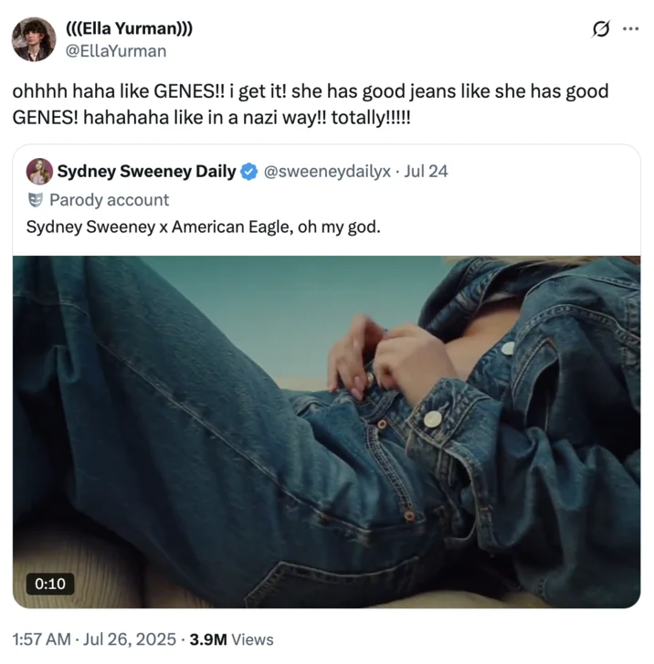 Sydney Sweeney Has Great Jeans American Eagle Ad — Twitter screenshot with commercial preview showing viral debate and meme discussion.