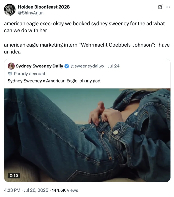 Sydney Sweeney Has Great Jeans American Eagle Ad — Twitter screenshot with commercial preview of Sydney Sweeney jeans ad sparking viral debate.