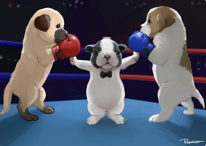 Twitter screenshot by foreknowledged of the T-pose puppy captioned STOP FIGHTING with 4M views