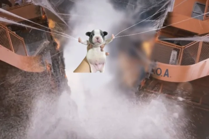 T-pose puppy edited into a Pokemon battle scene breaking up a fight between Charizard and Mewtwo