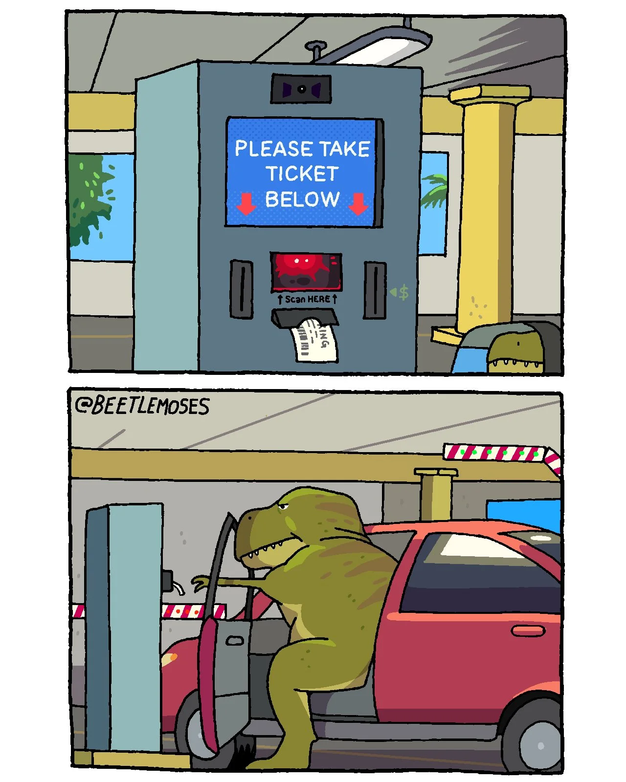 T-Rex's Short Arms — Two-panel meme with two women joking that a T-Rex is their small arms dealer