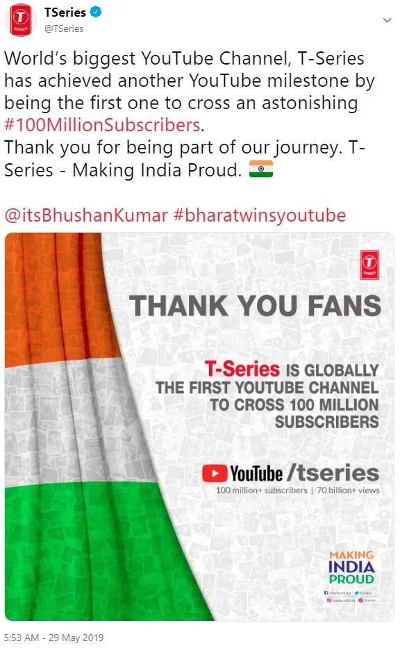 T-Series tweet thanking fans for 100 million YouTube subscribers.