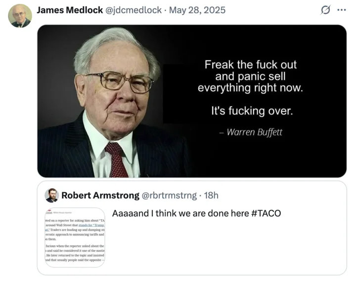 Taco Trump Always Chickens Out — Tweet with fake Warren Buffett quote about panic selling, replying to TACO post