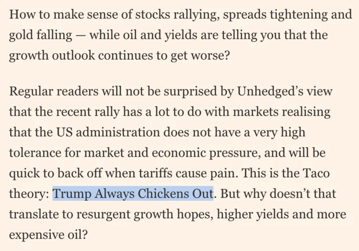 Taco Trump Always Chickens Out — Financial Times article excerpt highlighting the phrase 'Trump Always Chickens Out'
