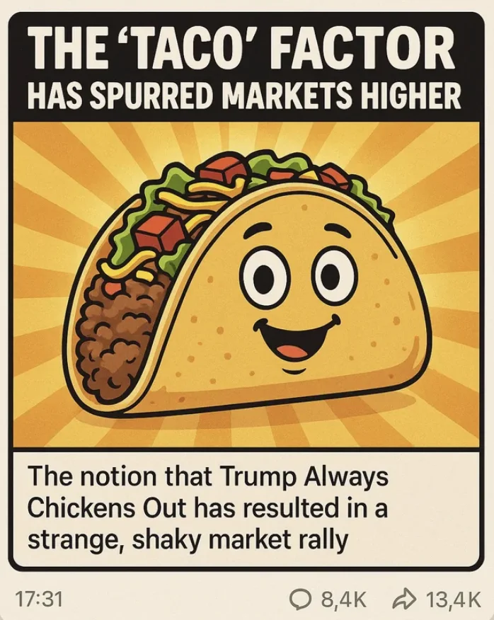 Taco Trump Always Chickens Out — Cartoon taco graphic with headline about the 'Taco factor' and Trump Always Chickens Out