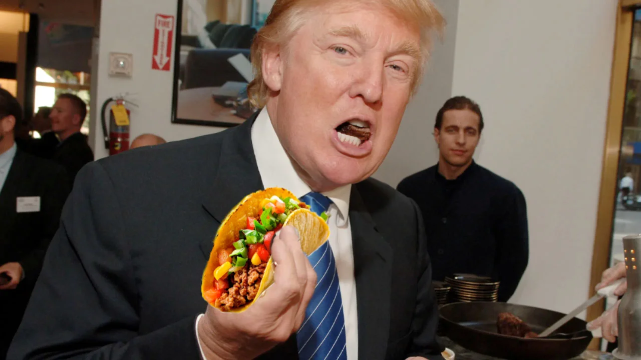 Taco Trump Always Chickens Out — Donald Trump eating a hard-shell taco while wearing a suit