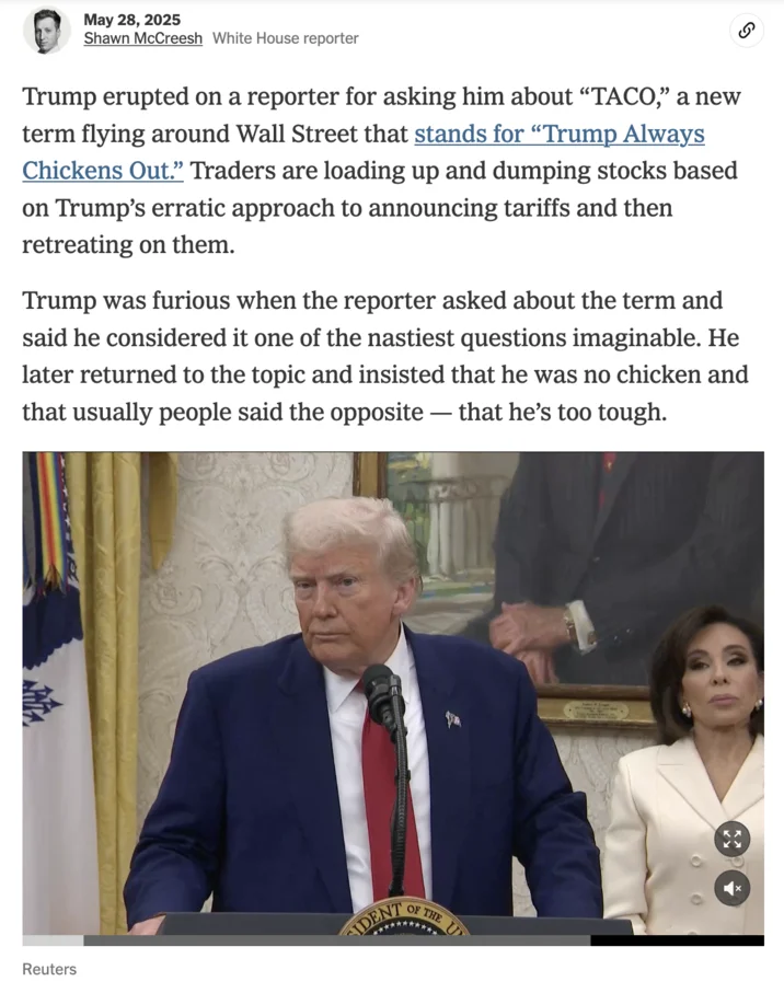 Taco Trump Always Chickens Out — News article about Trump reacting angrily to reporter's TACO question at White House podium