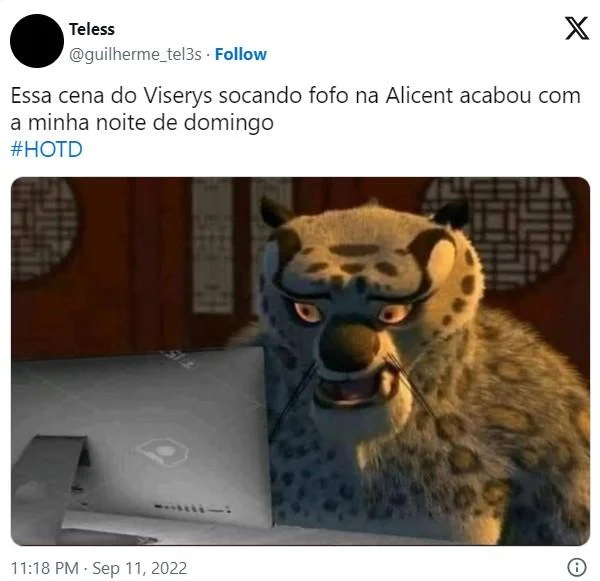 Portuguese HOTD tweet using the Tai Lung looking at computer meme
