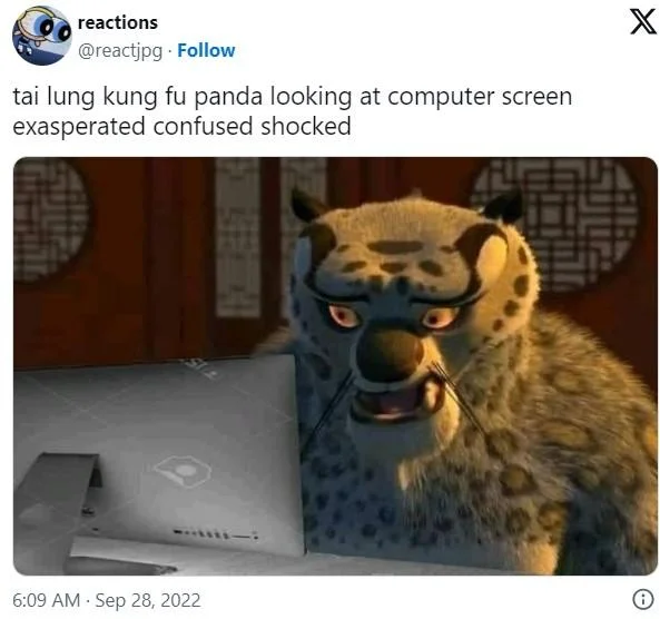 Tai Lung Looking At Computer — Tweet from @reactjpg describing Tai Lung as exasperated, confused, and shocked