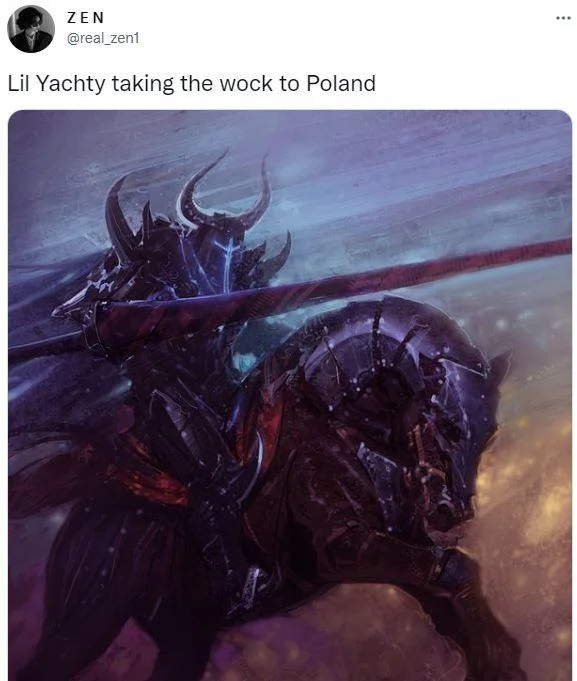 Take The Wock To Poland — Twitter post with dark stylized fantasy illustration of armored warrior or creature.