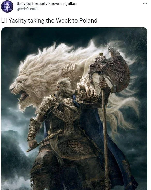 Take The Wock To Poland — Twitter screenshot pairing 'Lil Yachty taking the wock to Poland' with dramatic fantasy creature artwork.