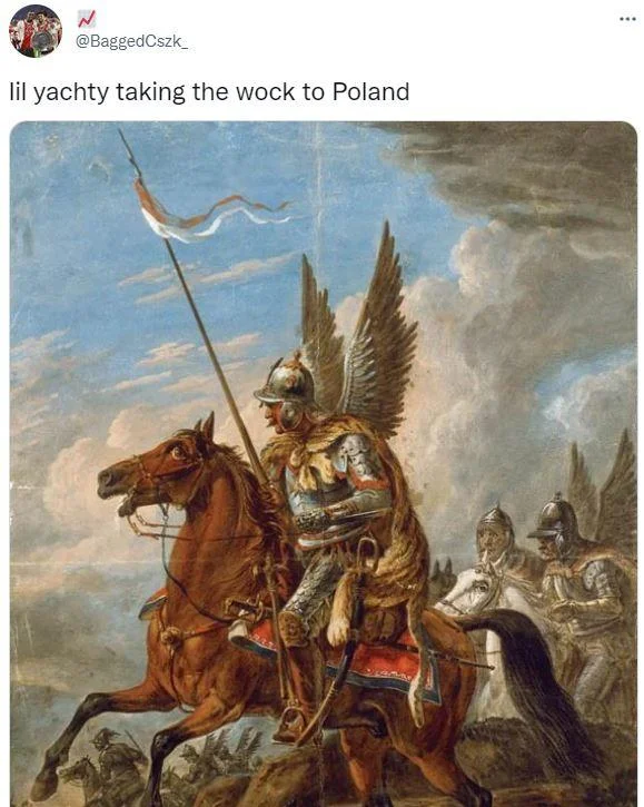 Take The Wock To Poland — Twitter screenshot with classical painting of winged warrior on horseback in golden armor.