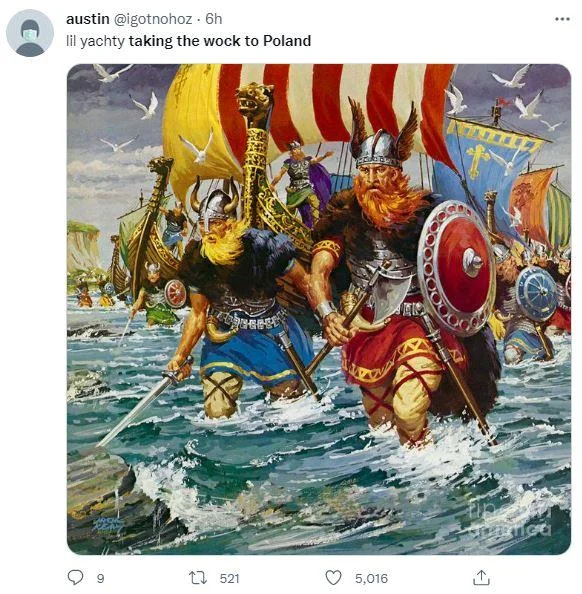 Take The Wock To Poland — Twitter screenshot with colorful classical painting of mythological figures with shields and banners.