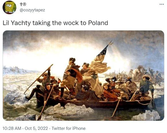 Take The Wock To Poland — Twitter screenshot of meme with classical painting of soldiers crossing water with flag.