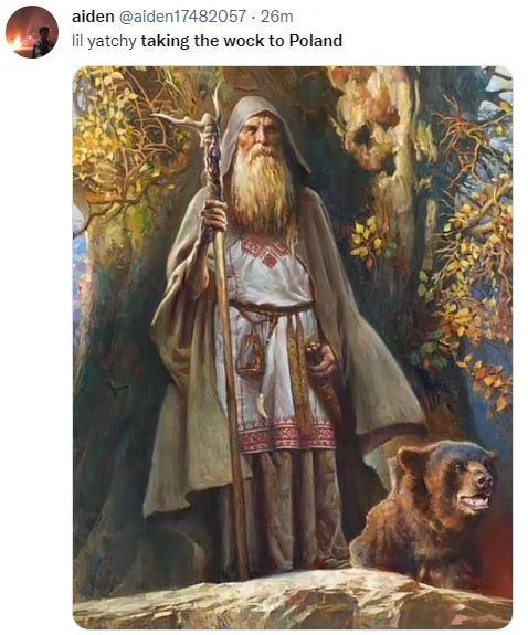 Take The Wock To Poland — Twitter screenshot with classical painting of wise old man in robes holding staff with dog.