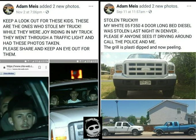 Takuache — Facebook screenshot showing posts about stolen vehicle parts and truck culture.