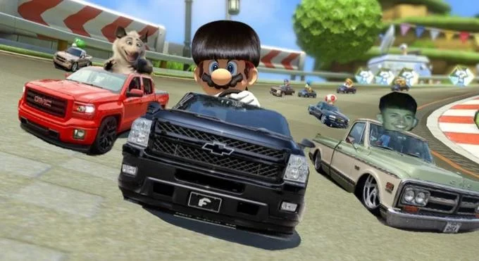 Takuache — Digital illustration mixing Mario Kart elements with modified pickup trucks.