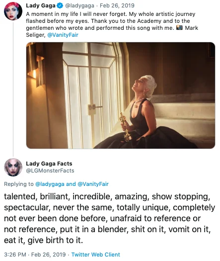 Talented Brilliant Incredible — Twitter screenshot from Lady Gaga Facts account featuring complete copypasta text from 2015 quote.