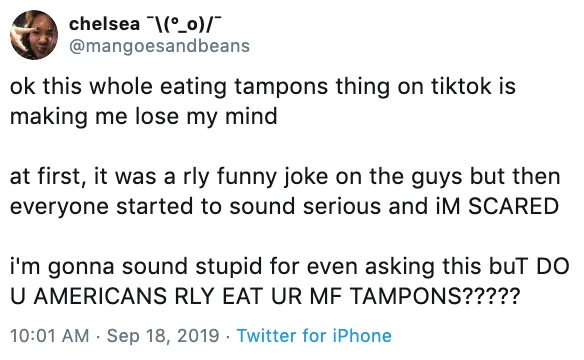 Tampon Eating Hoax — Twitter post describing how hoax started as joke but spread with serious tone.
