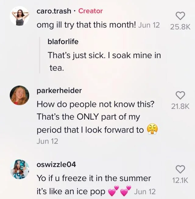 Tampon Eating Hoax — TikTok comment thread showing viral spread with women discussing claim and men expressing disbelief.