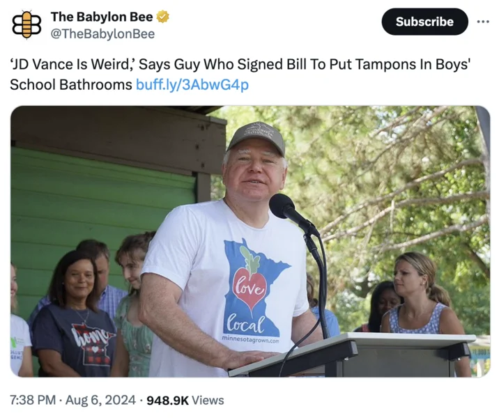 Tampon Tim — Babylon Bee tweet mocking Tim Walz over a tampon bill with a photo of him at a podium