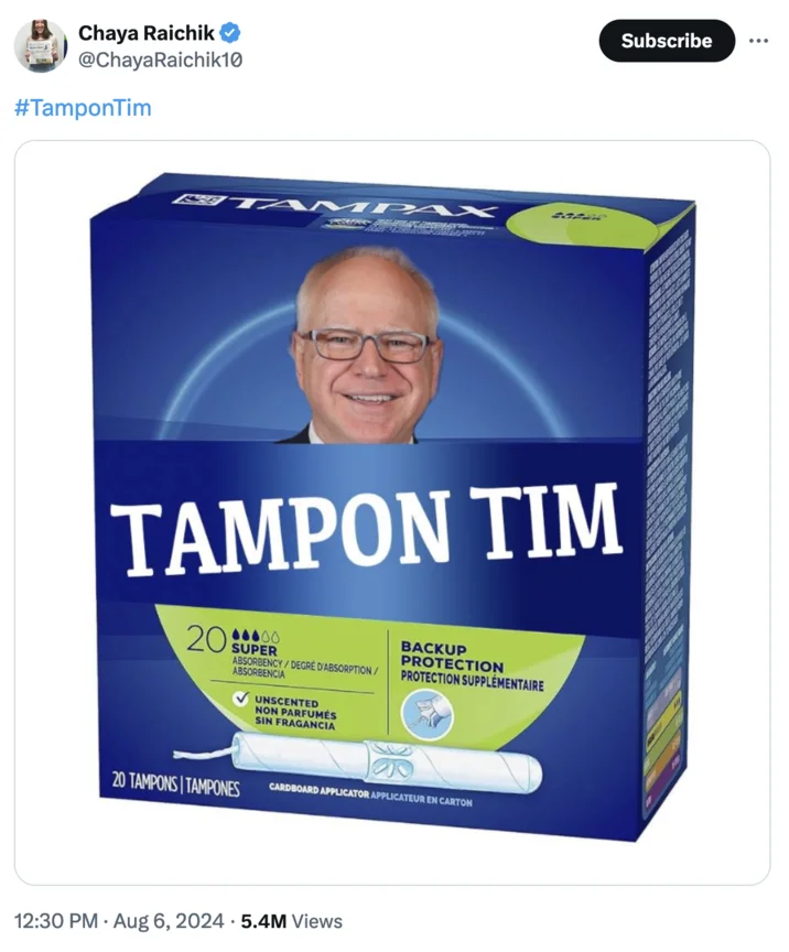 Tweet from Chaya Raichik featuring the Tampon Tim Tampax box image